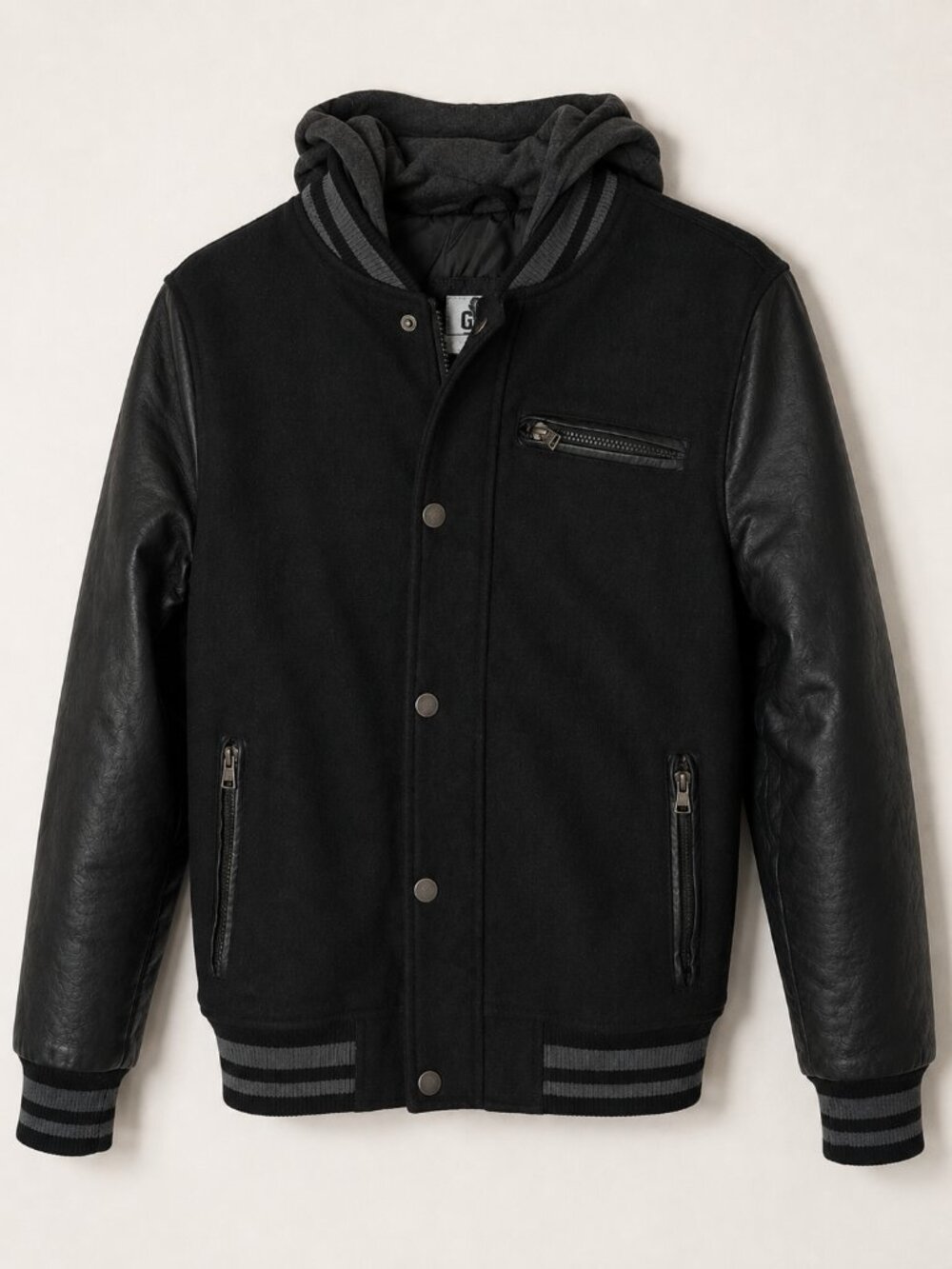 BLACK Hooded Varsity Jacket Small Wool Blend Faux Leather Bomber Black Zip
